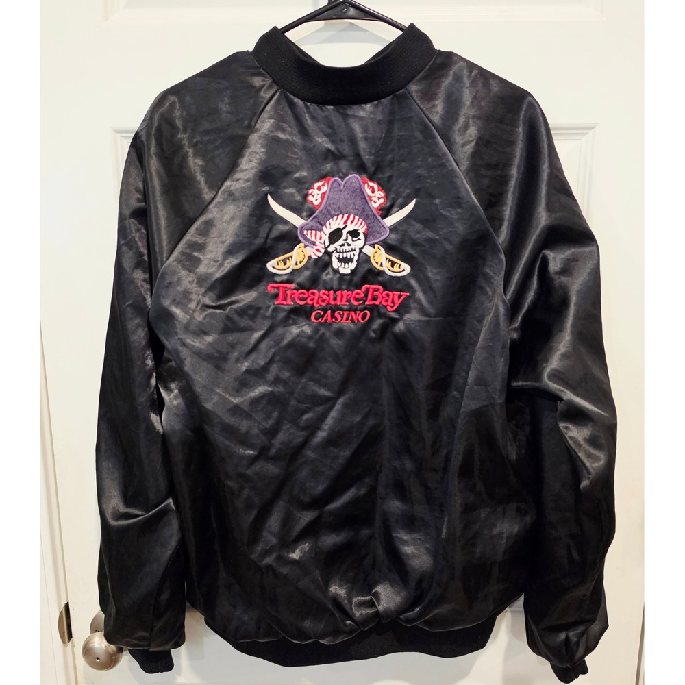 Cardinal Satin Bomber Jacket Men L Black Nylon Vintage Treasure Bay Casino